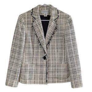 Jones New York Suit Tweed Blazer, Cream Black, Size 10, Vintage, Fringe Detail